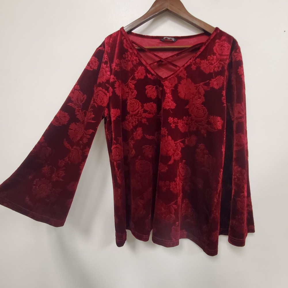 Red Velvet Flare Sleeve Top Size 10 Floral Rose V Neck Vamp Whimsigoth Cutout - Picture 2 of 11